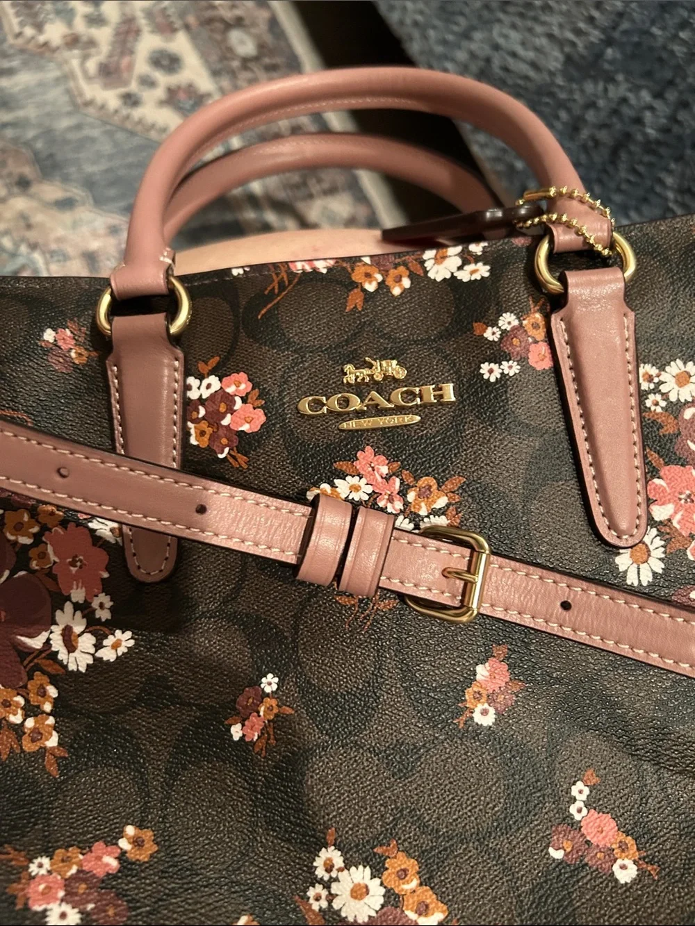 Coach Leah Medley Bouquet Brown Floral Signature Satchel with Mauve trim